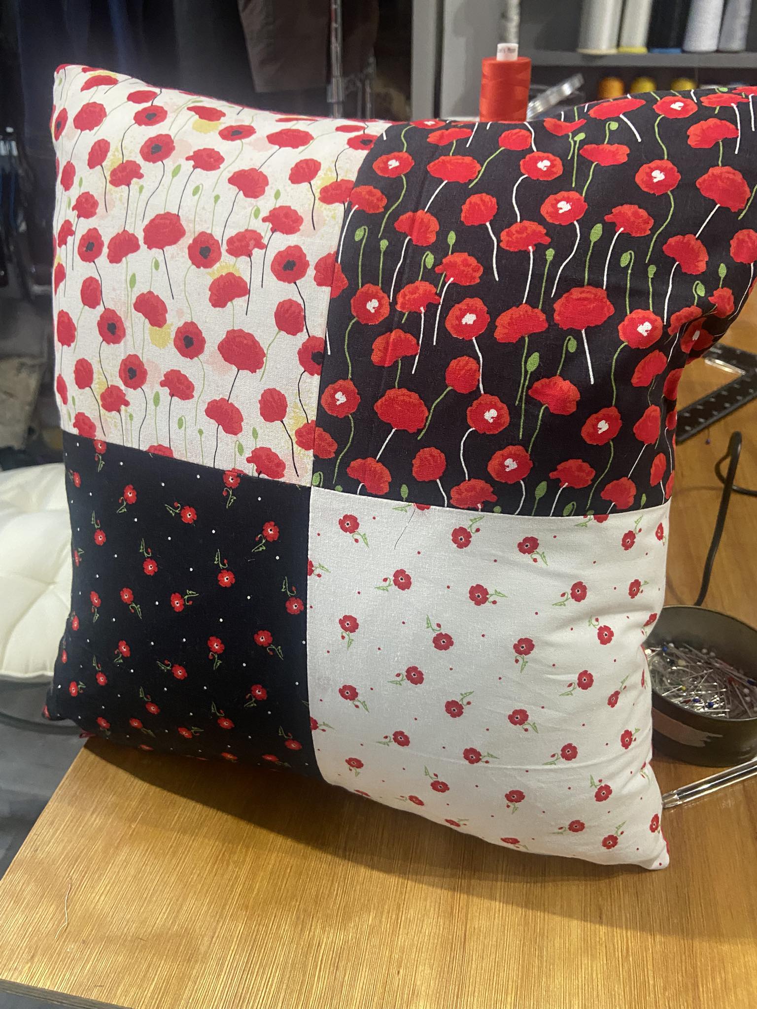 Poppy patchwork cushion